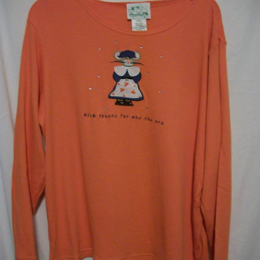 Quacker Factory Vintage "Give Thanks" Mouse LS Cotton Tee Sz Large